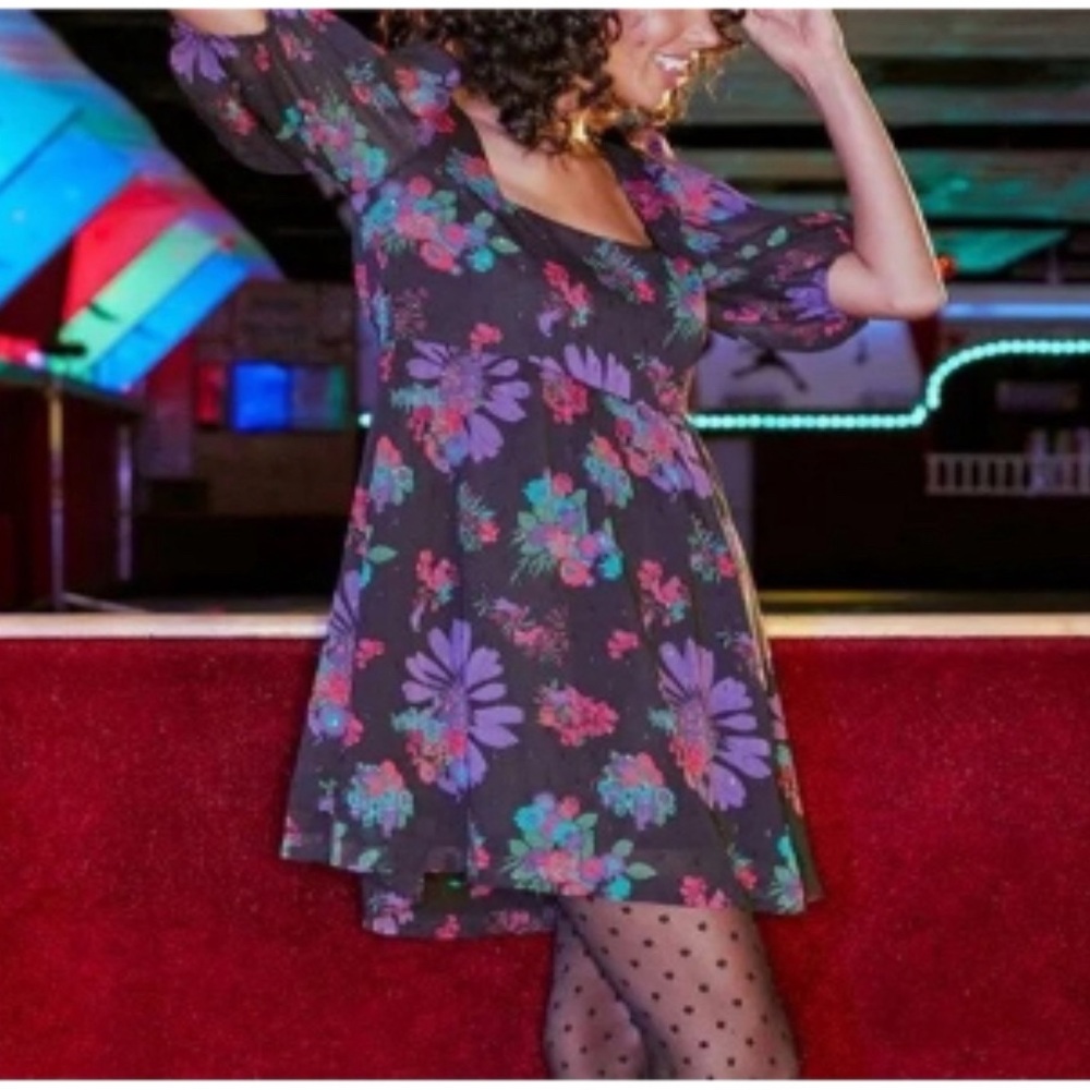 ModCloth Meow Bouquet Floral Cat Print Black Babydoll Square Neck Dress L